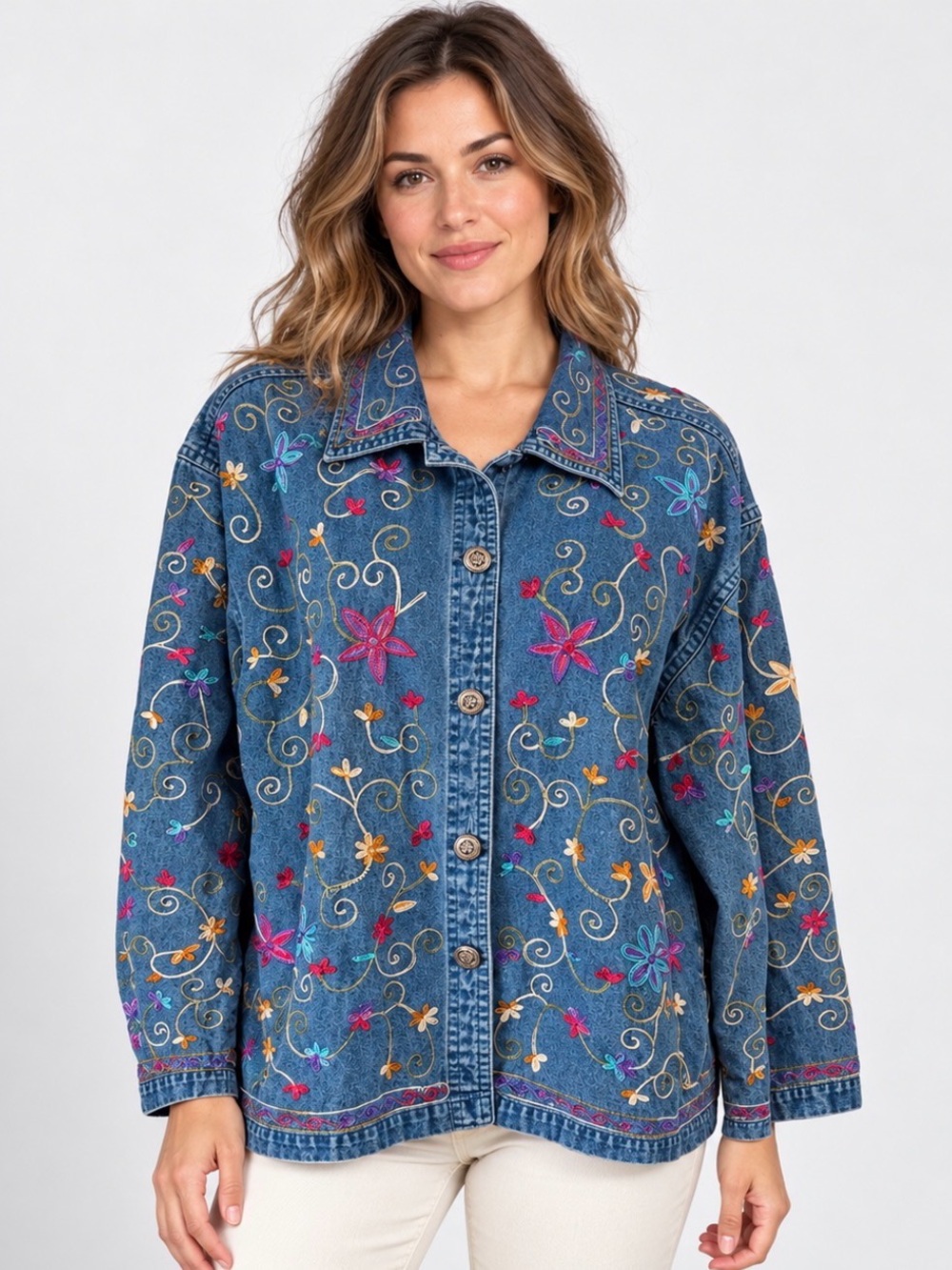 Vintage Embroidered Floral Denim Jacket - Blue
